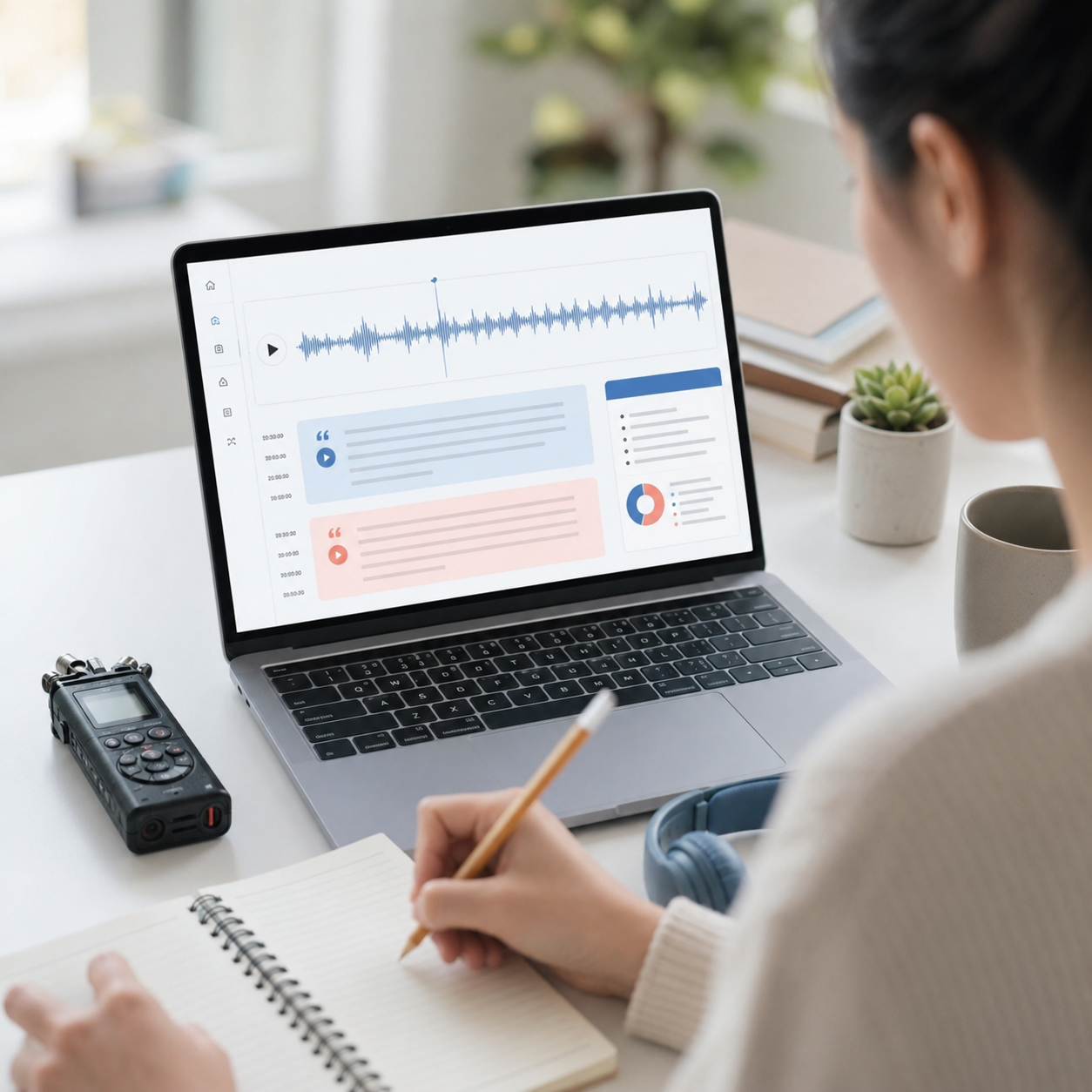 Researcher reviewing an audio transcript and highlighted quotations