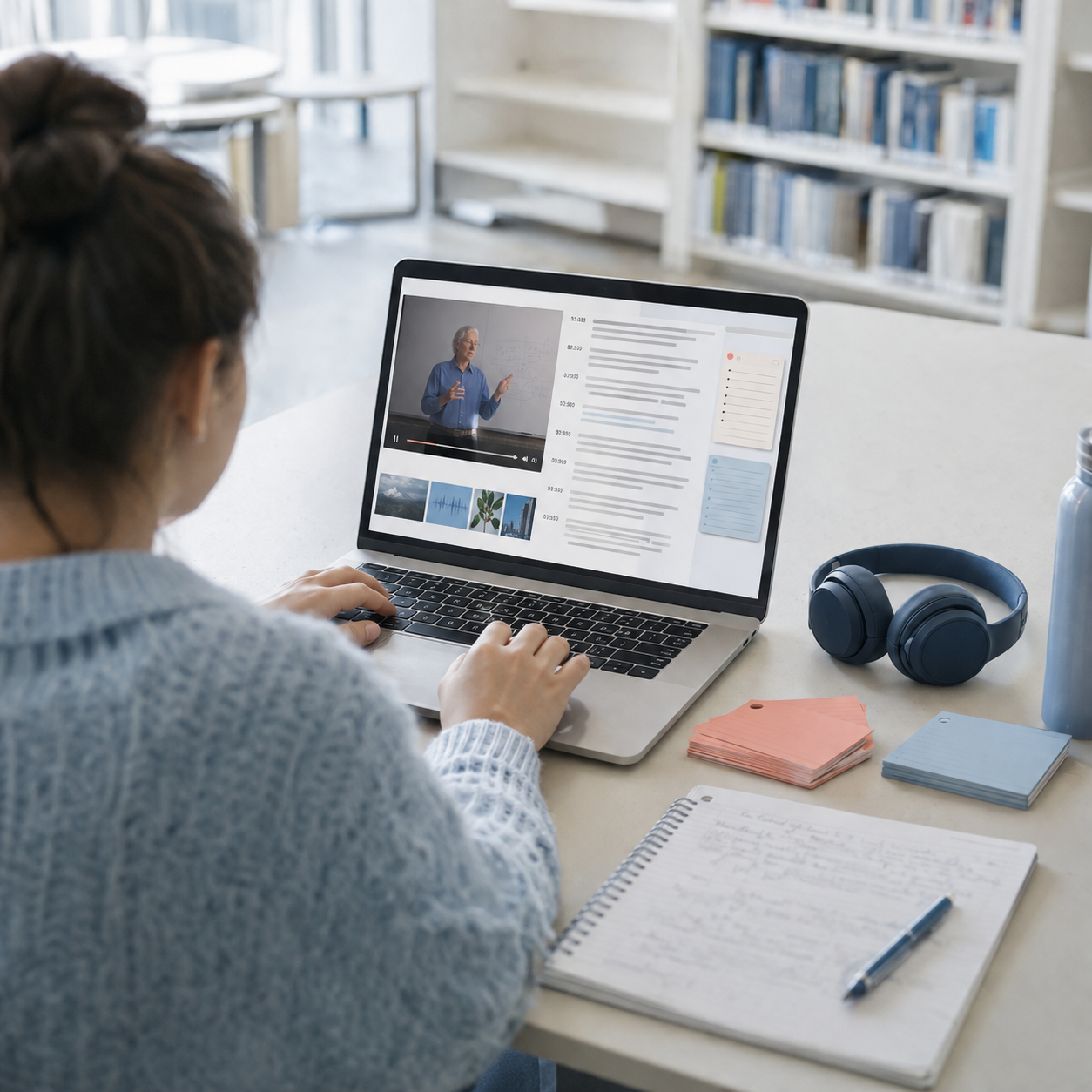 Student reviewing a YouTube video transcript with study notes