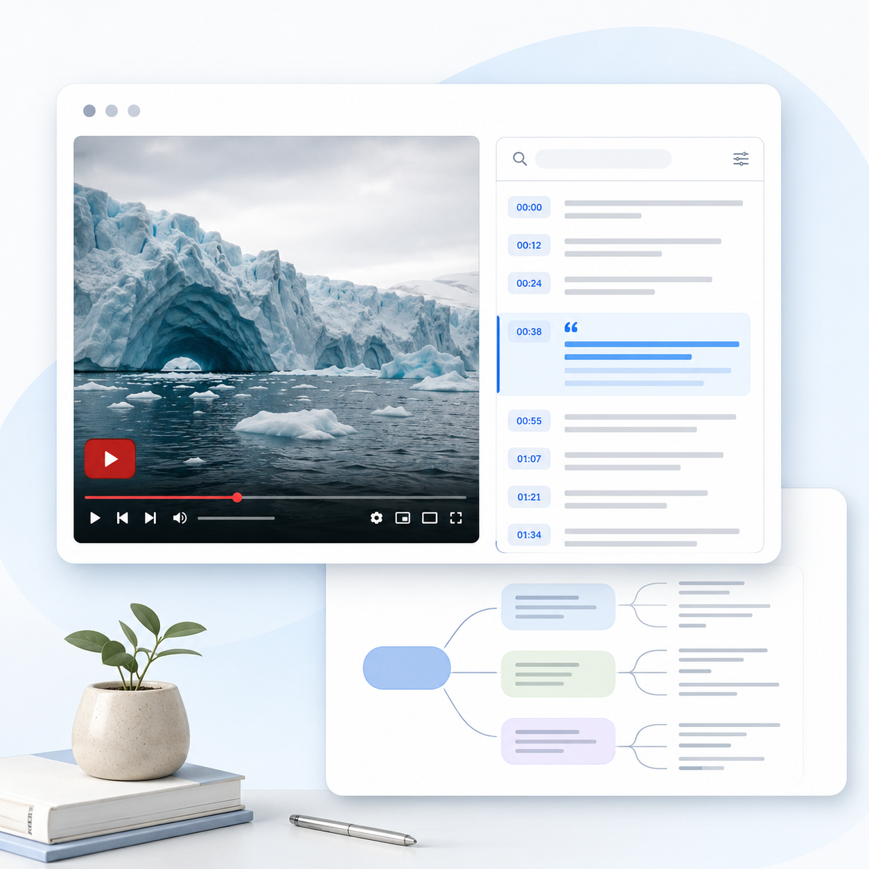 YouTube Video Transcript Generator workspace with timed searchable text